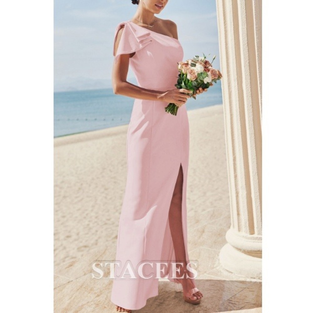 Stacees Women's‎ Dusty Pink One-Shoulder Bowknot Split Bridesmaid Dress Size S
